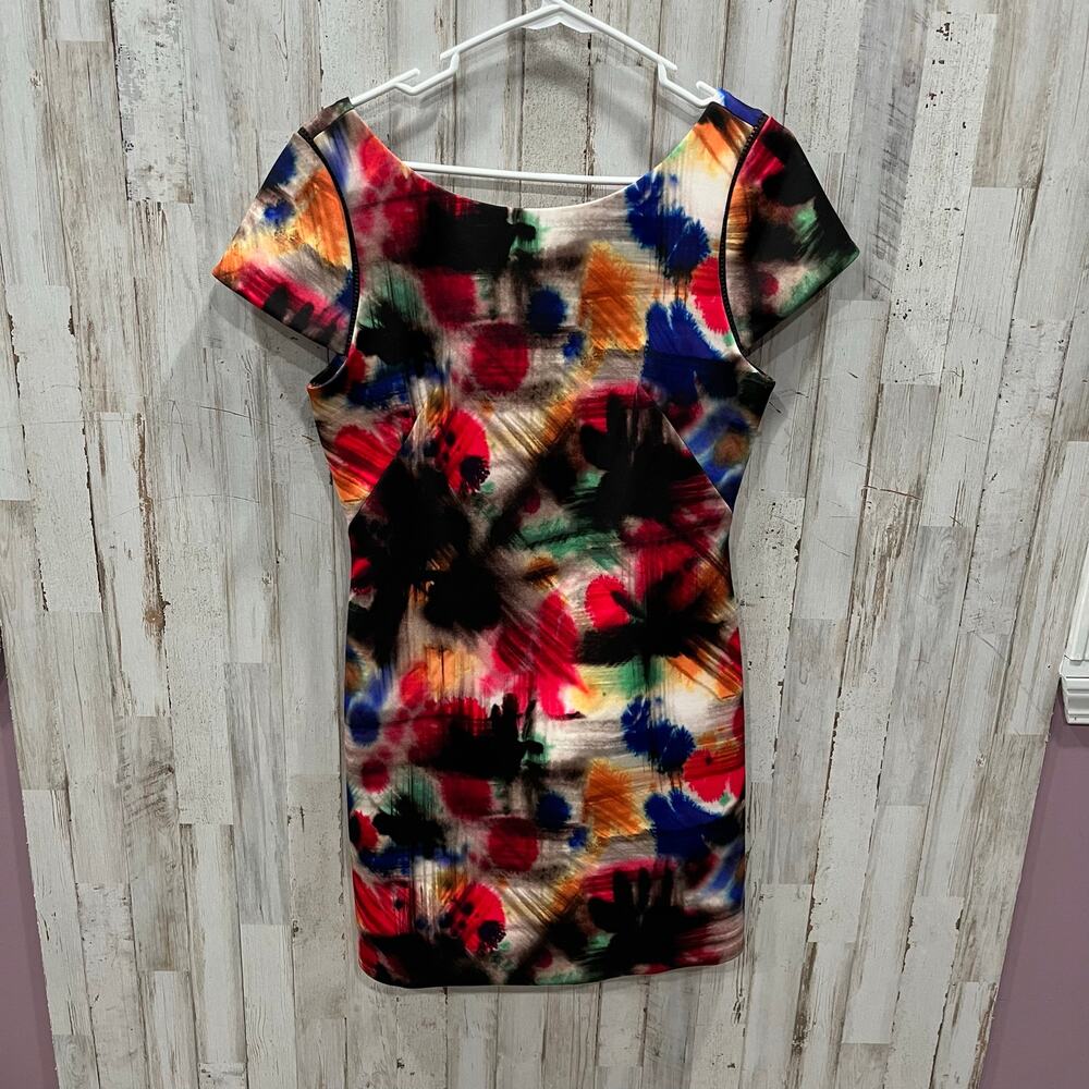 MILLY Taylor Warp Graffiti Bold Print Cap Sleeve Fitted Dress Womens 8 *Read